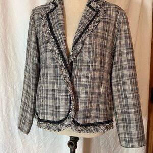 Chico's Black and White Blazer with Fringe Trim